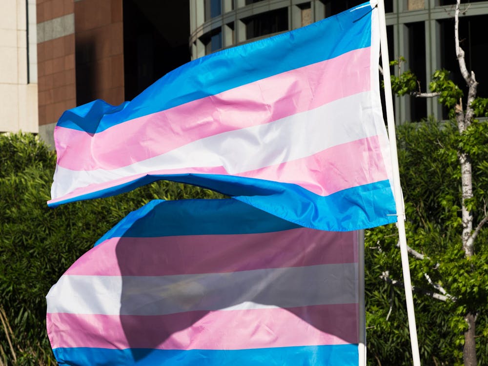 Trans pride flags flutter in the wind at a gathering to celebrate International Transgender Day of Visibility, March 31, 2017, at the Edward R. Roybal Federal Building in Los Angeles. Holcomb vetoed House Bill 1041, a bill that would ban transgender girls’ participation in girls’ K-12 sports, Monday.