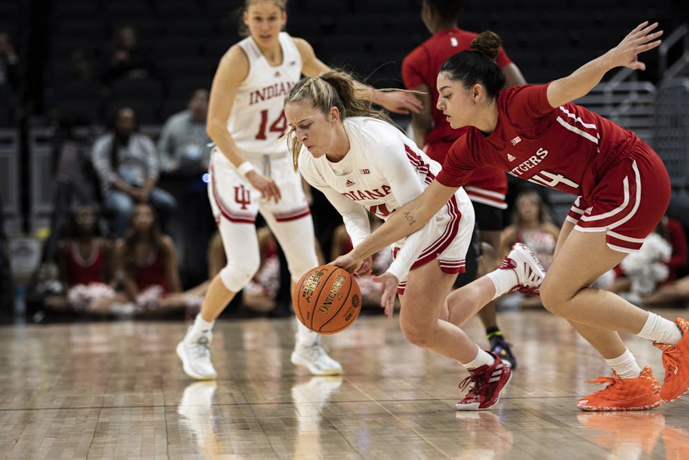 <p>Graduate guard Nicole Cardaño-Hillary steals the ball against Rutgers on March 3, 2022, at Gainbridge Fieldhouse in Indianapolis. Indiana defeated Rutgers 66-54 on Thursday. </p>