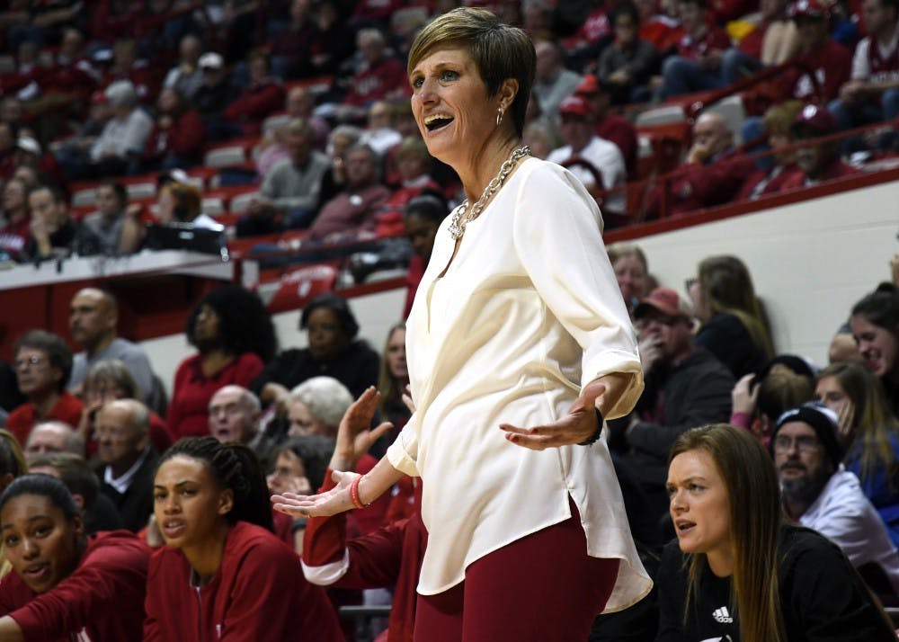 IU Coach Teri Moren reacts to a foul not being called against Louisville on Nov. 30. Moren and the Hoosiers ended 2017 with a 85-70 loss to No. 12 Ohio State on New Year's Eve.