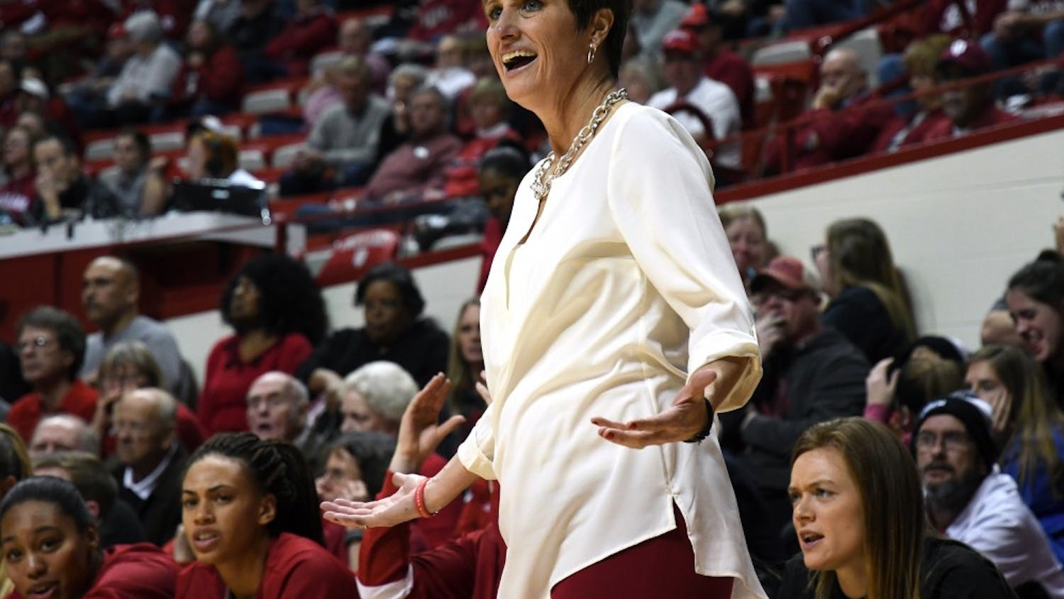 IU Coach Teri Moren reacts to a foul not being called against Louisville on Nov. 30. Moren and the Hoosiers ended 2017 with a 85-70 loss to No. 12 Ohio State on New Year's Eve.