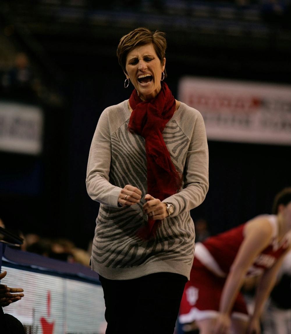 Head coach Teri Moren yells after IU missed a three point shot in the fourth period of play. IU beat Indiana State 53-50 at the Hulman Center in Terre Haute on Tuesday night. 