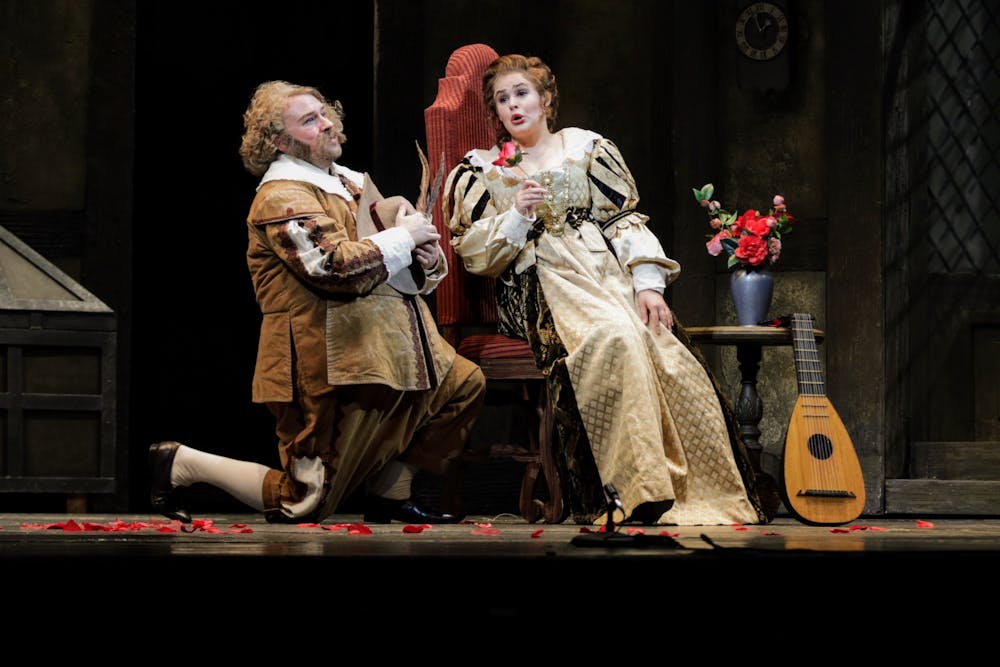 <p>Chauncey Blade and Rebecca Achtenberg sing together in &quot;Falstaff&quot; on Nov. 9, 2021, at the Musical Arts Center. Both actors will be performing on Nov. 12 and Nov. 18.</p>