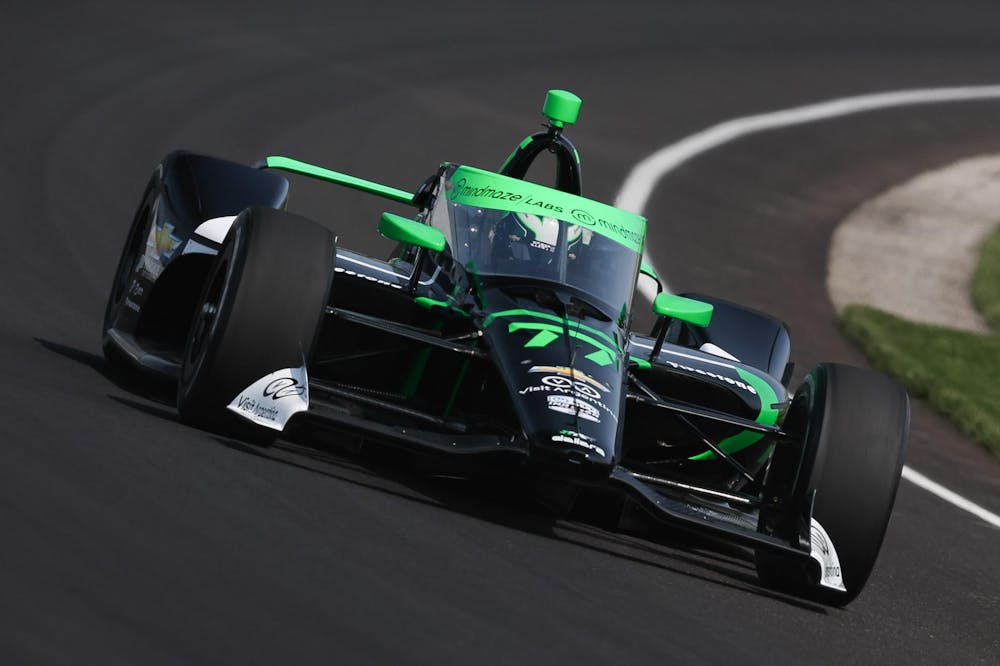 <p>Juncos Hollinger Racing&#x27;s Callum Ilott drives at Indianapolis Motor Speedway Friday, May 19, during practice for the Indianapolis 500. </p>