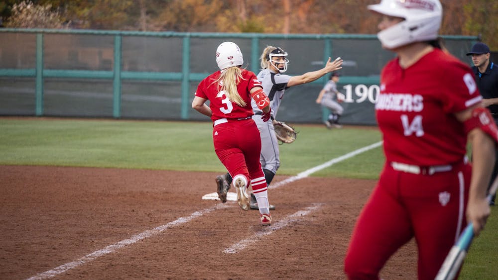 Sophomore Taylor Minnick runs to first base after hitting a line drive April 11, 2023, at Andy Mohr Field. This weekend the Hoosiers swept Rutgers in New Jersey.