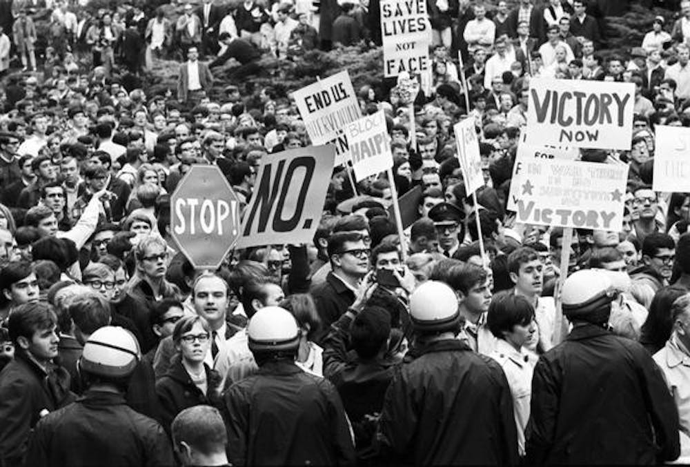 <p>An anti-war protest occurs Oct. 31, 1967, at the IU Auditorium when the United States Secretary of State Dean Rusk came to campus to deliver a speech. The spirit of protesting has remained at Indiana University for decades and lives on today. </p>