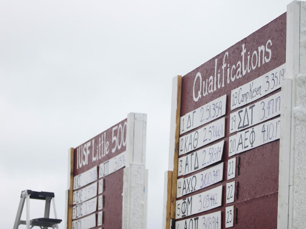 Two signs in the middle of Bill Armstrong Stadium depict the team scores during Little 500 Qualifications. Many fraternities, sororities and clubs will be participating in Little 500 on April 20 and 21.&nbsp;