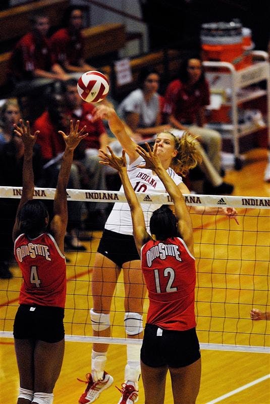 IU's Ashley Benson spikes the ball during a win over Ohio State during Hoosier Hysteria on Friday at Assembly Hall.
