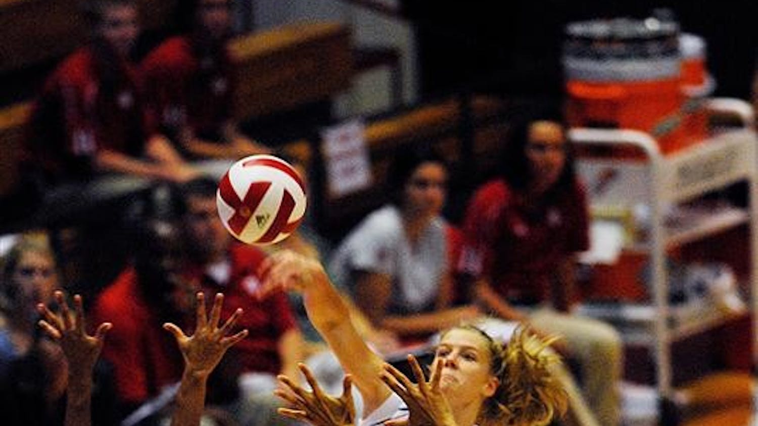 IU's Ashley Benson spikes the ball during a win over Ohio State during Hoosier Hysteria on Friday at Assembly Hall.