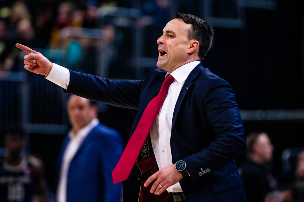 <p>IU head coach Archie Miller yells from the sidelines in the second half of the game against the University of Notre Dame Dec. 21 at Bankers Life Fieldhouse. Miller is in his third season at IU and has yet to take the team to the NCAA Tournament.</p>
