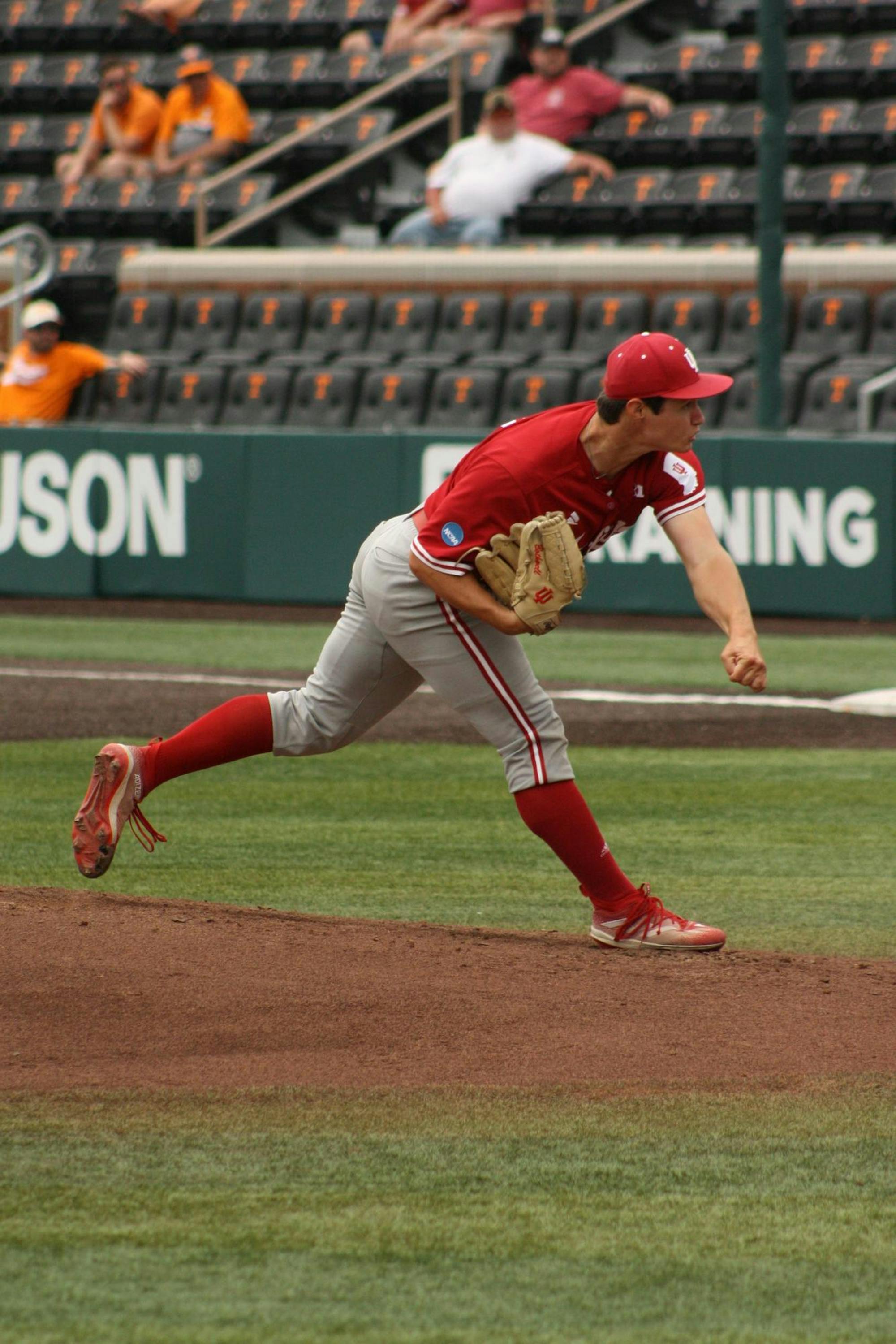 Indiana pitcher Ty Bothwell delivers a pitch against the University of Southern Mississippi in the Knoxville Regional on May 31. In 5.2 innings, Bothwell allowed three runs on seven hits.