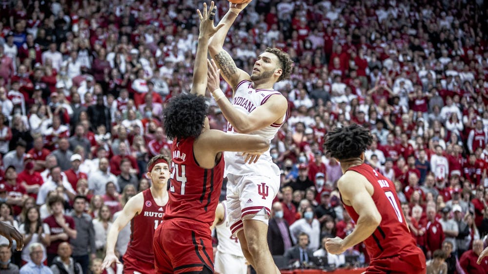 Senior guard Race Thompson takes a shot March 2, 2022, at Simon Skjodt Assembly Hall. Thompson scored 12 points in the game against Rutgers. 