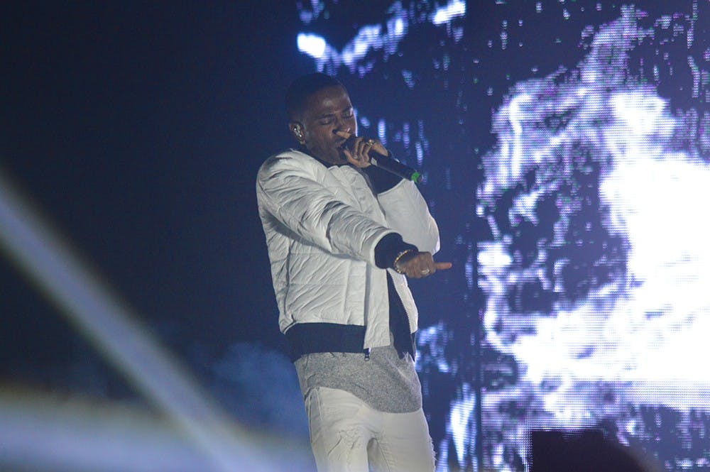 Big Sean performs on stage as the headliner of the Little 500 Concert Tuesday evening at the IU Auditorium. The concert was presented by Union Board and featured Justine Skye, Luke Christopher and YG as the opening acts. 