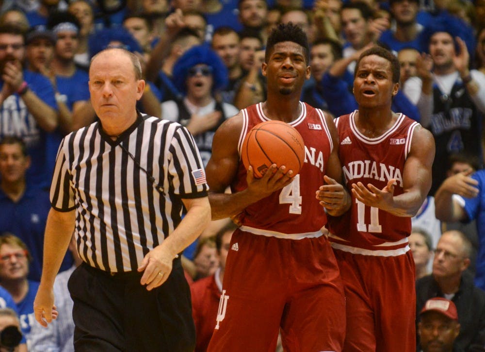 Sophomore guard Robert Johnson and senior guard Kevin "Yogi" Ferrell react to a techincal called on Johnson during the game against Duke on December 2, 2015 at Cameron Indoor Stadium in Durham. IU will host Duke in the 2017 Big Ten/ACC Challenge.