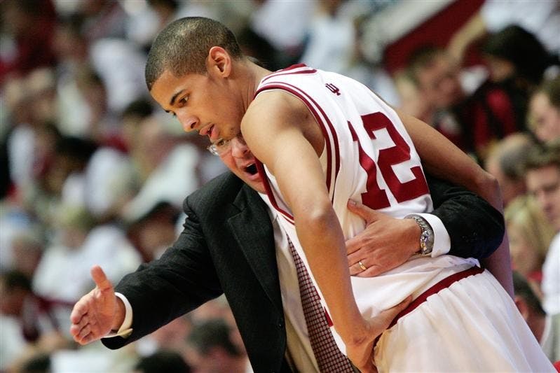 IU mens basketball head coach Tom Crean instructs Verdell Jones during a break in the game Sunday afternoon at Assembly Hall.