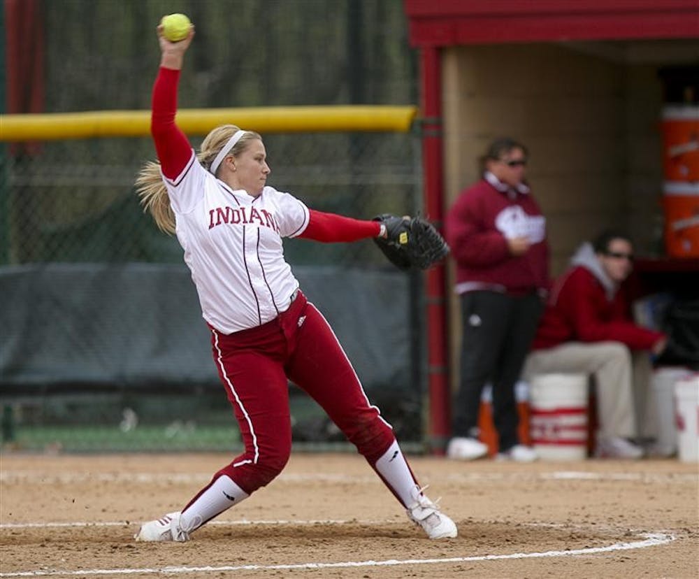 Sophomore Pitcher Ashley Hobbs winds up April 8 during the first game of a double header agaisnt Ohio State at the IU Softball Field. Indiana lost the first game 14-4, and the second 1-0. 