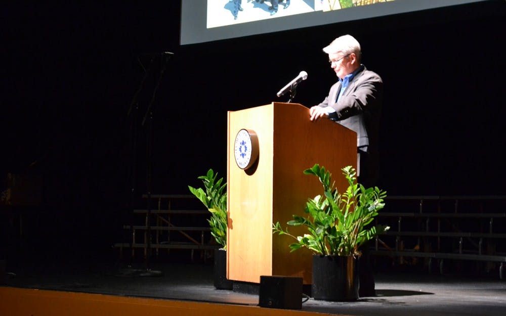 Mayor John Hamilton speaks Thursday night at the Buskirk-Chumley Theater. Hamilton discussed the future of the city of Bloomington.