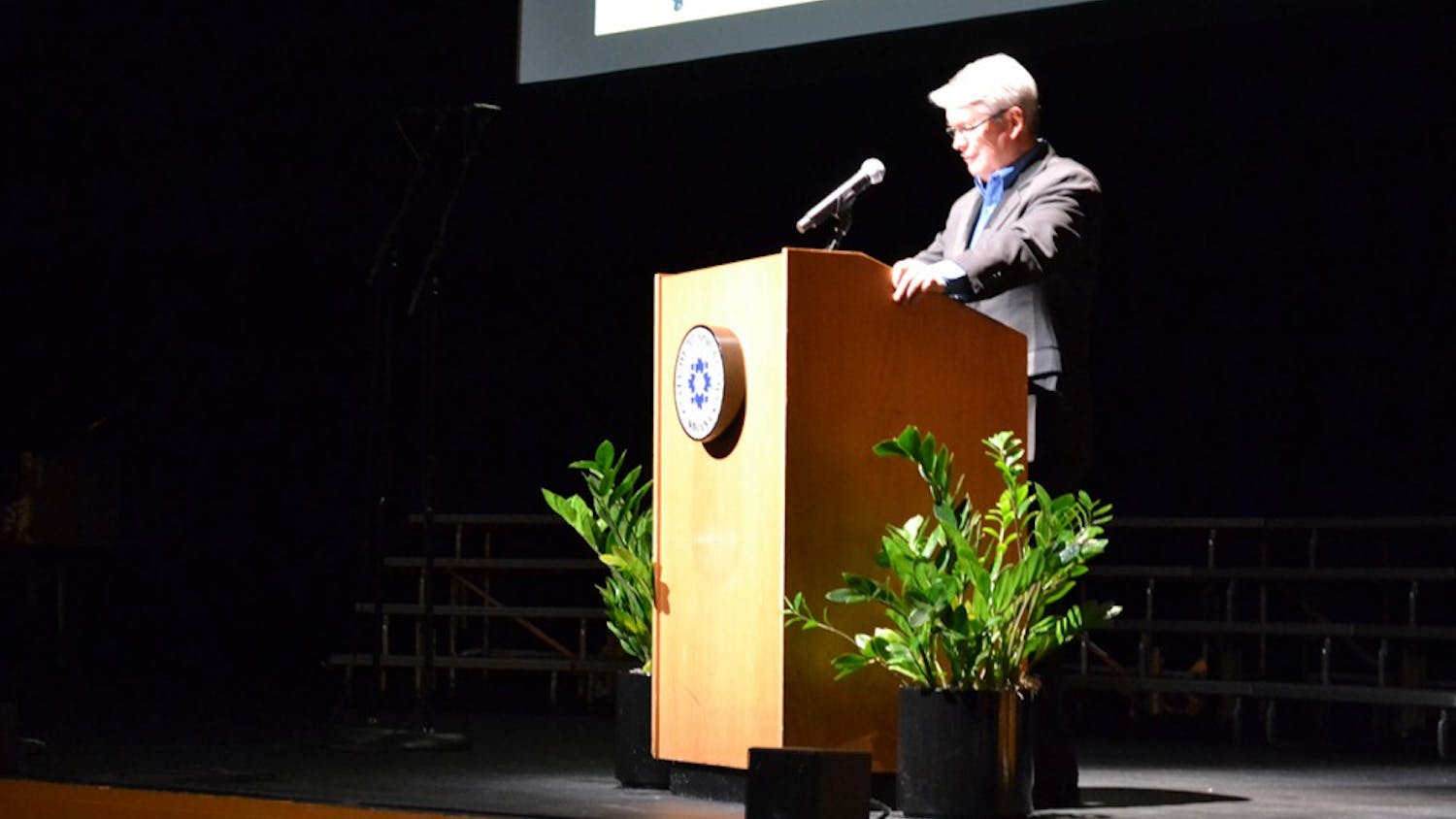 Mayor John Hamilton speaks Thursday night at the Buskirk-Chumley Theater. Hamilton discussed the future of the city of Bloomington.