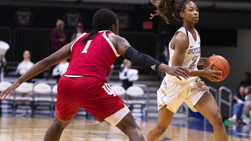 Junior Bendu Yeaney plays defense against Butler University on Dec. 11 at Hinkle Fieldhouse in Indianpolis. Yeaney scored three points in her first minutes since recovering from an injury.