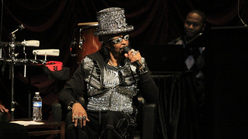 Musician Bootsy Collins speaks about the beginning of his career in funk music, stating, "It was hard not to use the word funk, because our whole situation was funked up." Collins spoke with Dr. Scot Brown from UCLA Tuesday evening at IU Cinema during the event Funkology.