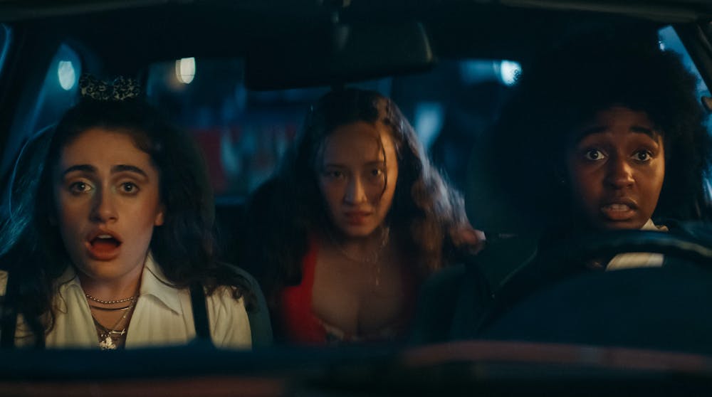 <p>Rachel Sennott (left), Havana Rose Liu (center) and Ayo Edibiri (right) are see in &quot;Bottoms.&quot; The comedy film premiered Aug. 25, 2023. </p>