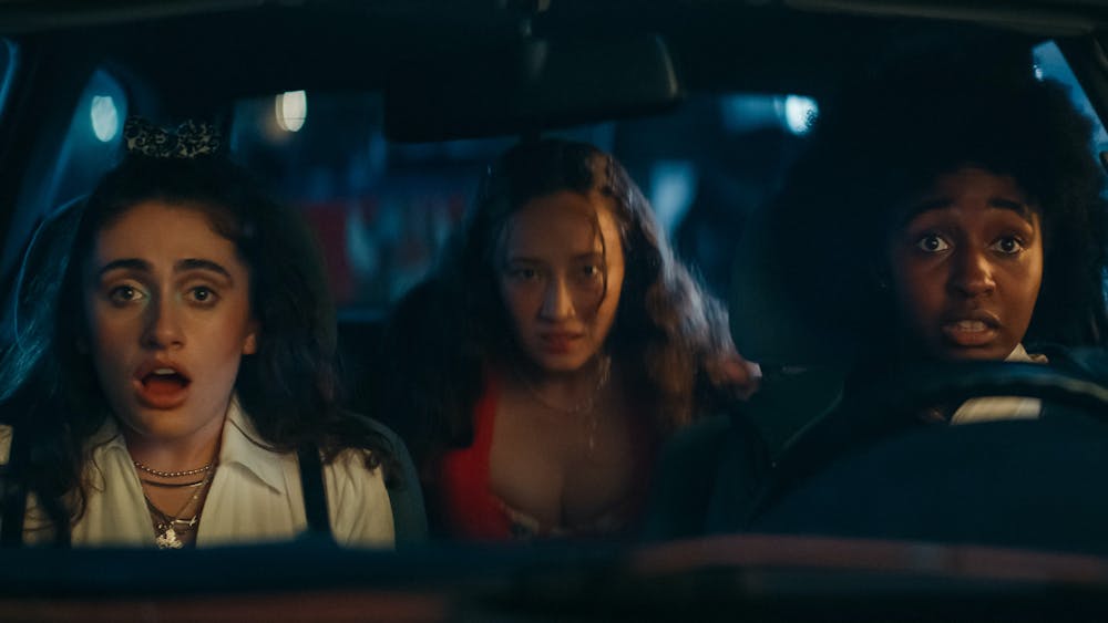 Rachel Sennott (left), Havana Rose Liu (center) and Ayo Edibiri (right) are see in &quot;Bottoms.&quot; The comedy film premiered Aug. 25, 2023. 