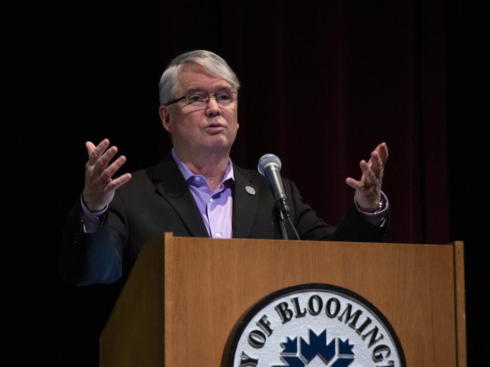 Mayor John Hamilton gives the State of the City address Feb. 20, 2020, at the Buskirk-Chumley Theater. City of Bloomington recommends the park board amend the policy prohibiting camping on any property of the department without a permit.