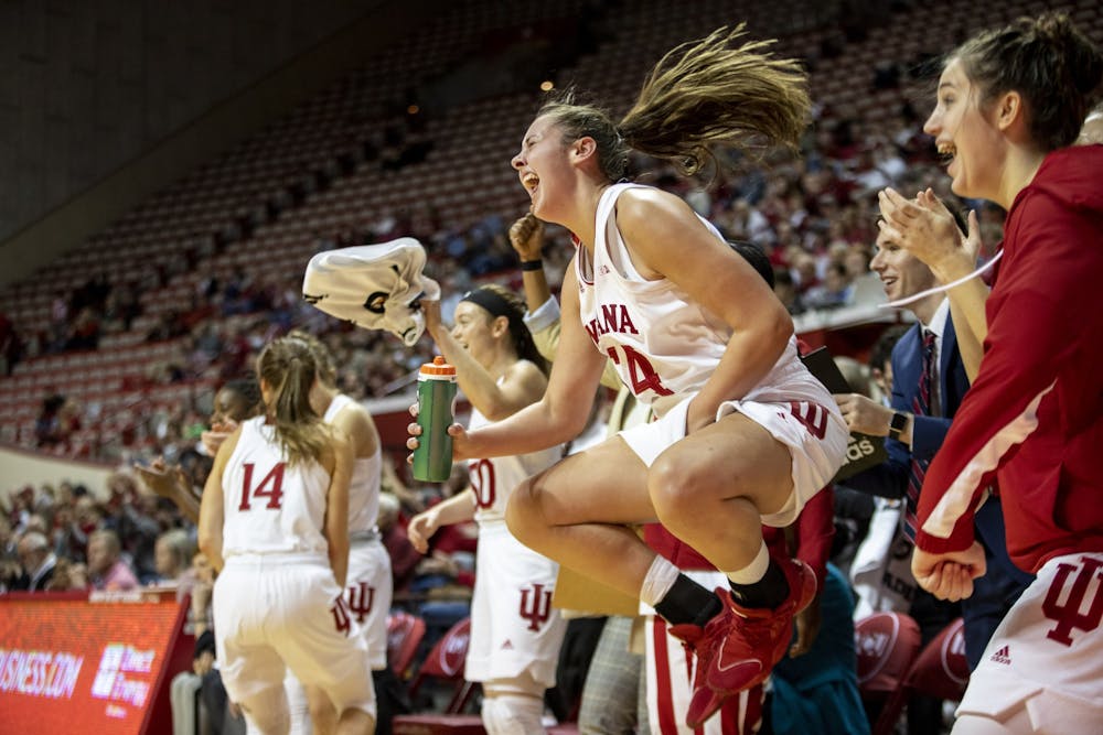 <p>Freshman forward Mackenzie Holmes celebrates after a play Nov. 10 at Simon Skjodt Assembly Hall. Holmes was named Big Ten Co-Freshman of the Week on Jan. 20.</p>