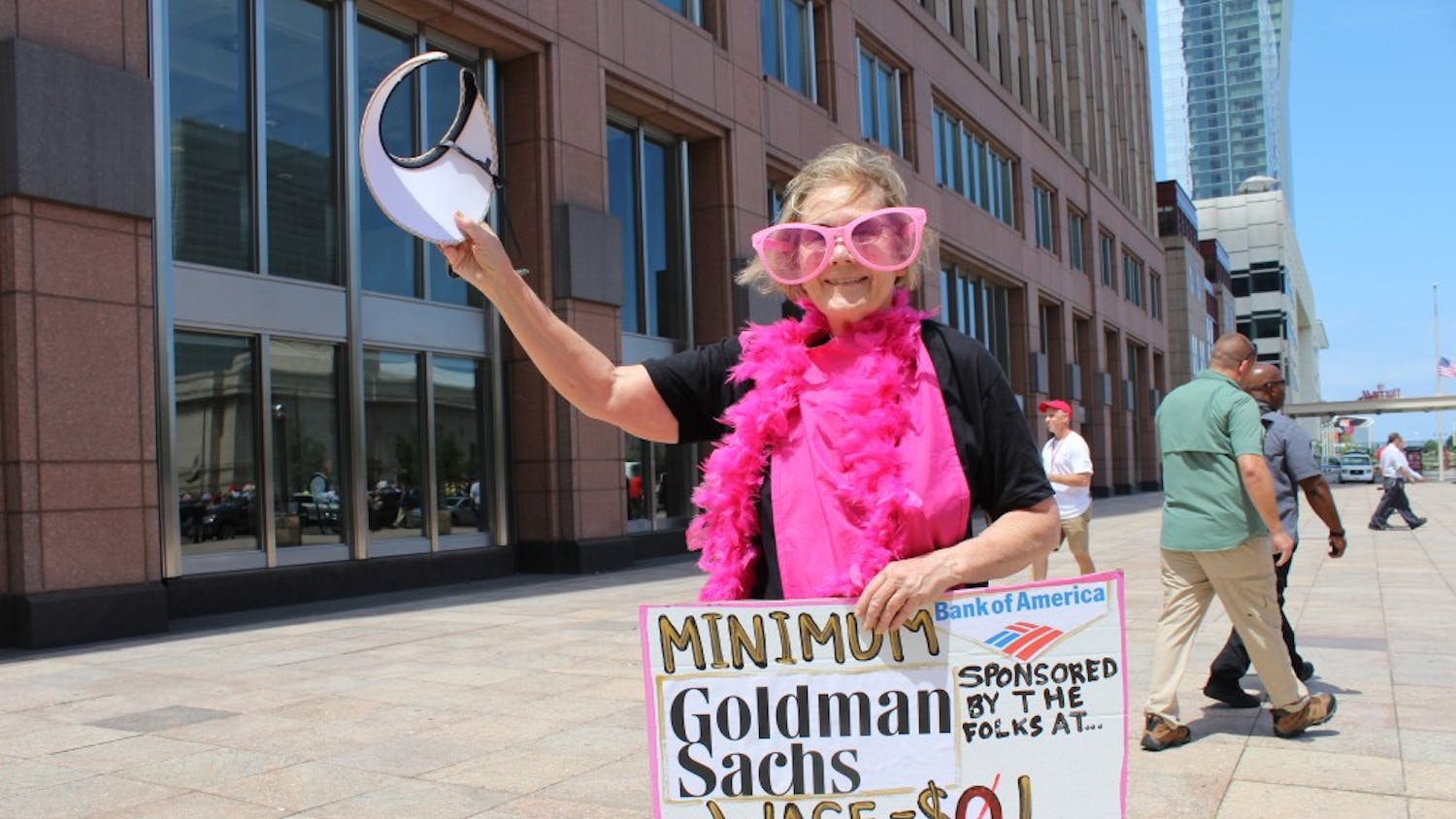 Ann Wright, 70, is protesting with Code Pink: Women for Peace and Veterans for Peace in Cleveland at the Republican National Convention. Wright, however, said she is with "Billionaires for Trump," and aims to send a satirical message referencing big banks and corporate America's role in political campaigns.