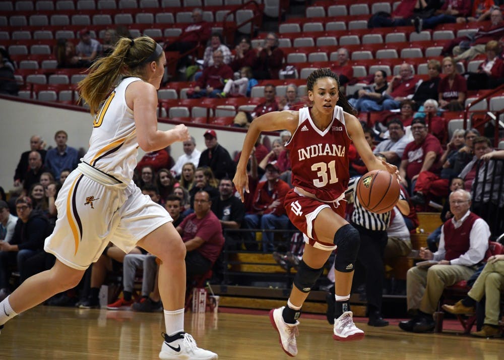 Sophomore forward Bre Wickware drives to the basket against Gannon University Monday evening in Simon Skjodt Assembly Hall. IU defeated Gannon, 82-38, in their only exhibition game of the season. 