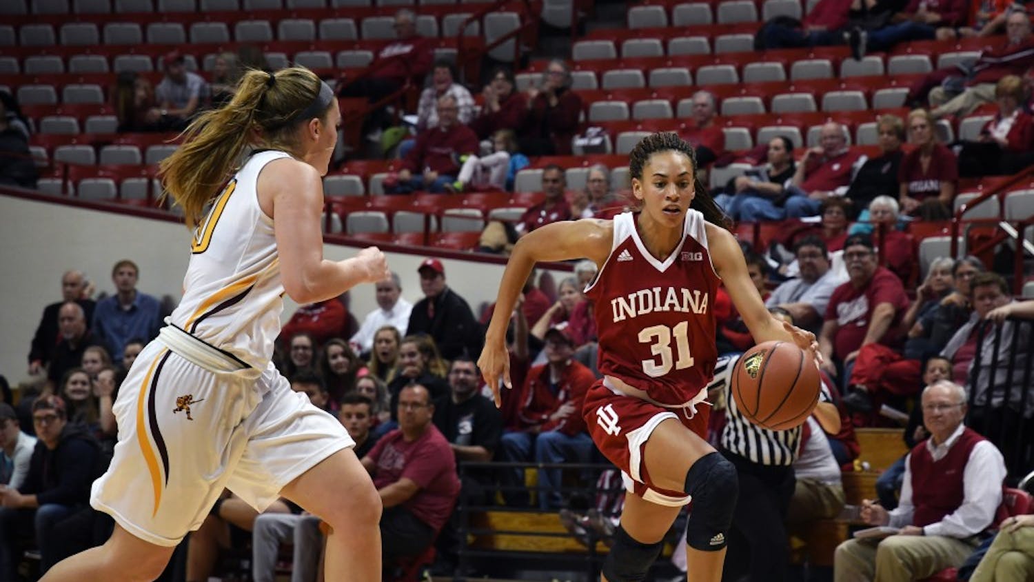 Sophomore forward Bre Wickware drives to the basket against Gannon University Monday evening in Simon Skjodt Assembly Hall. IU defeated Gannon, 82-38, in their only exhibition game of the season. 