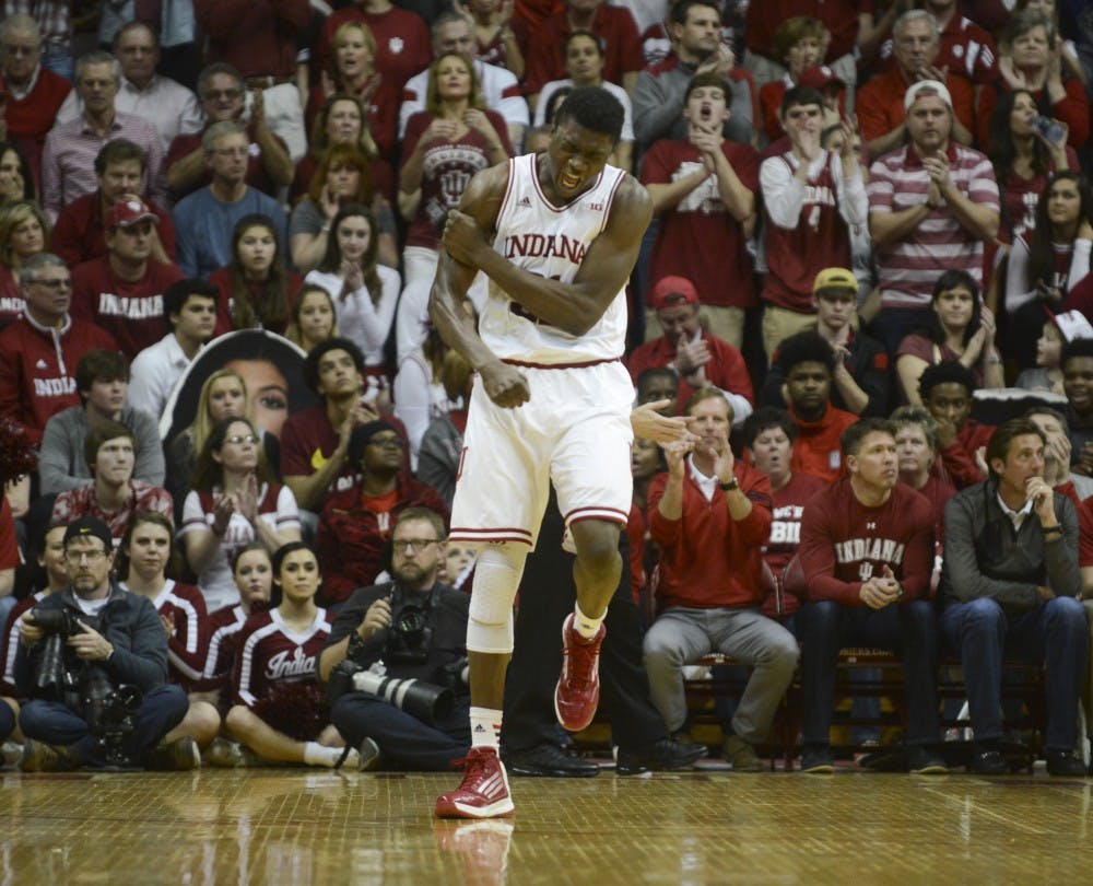 Freshman center Thomas Bryant celebrates during the game against Purdue on Saturday at Assembly Hall. The Hoosiers won 77-73.