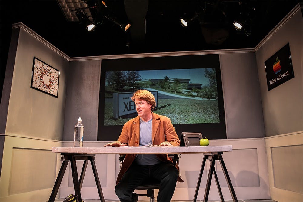Actor David Knell performs on stage during "The Agony & the Ecstasy of Steve Jobs" Thursday evening at the Ivy Tech Waldrom Rose Firebay. Knell was the only person to perform during the Cardinal Stage Company's production of Mike Daisey's play.