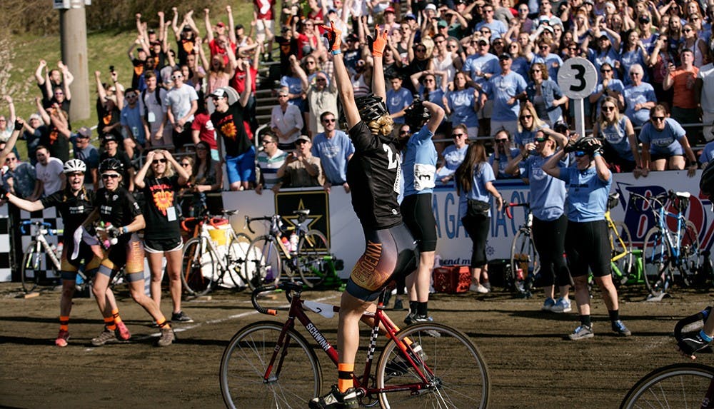 Senior Tabitha Sherwood celebrates after edging Delta Gamma for the 2016 Women's Little 500 title Friday at Bill Armstrong Stadium.