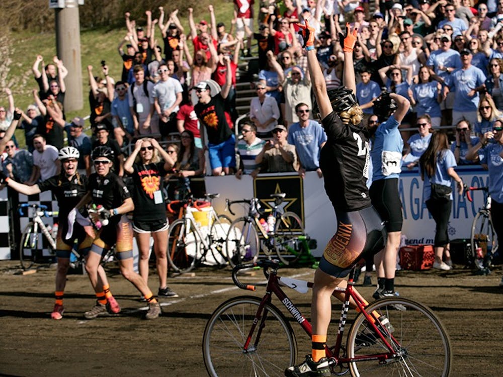Senior Tabitha Sherwood celebrates after edging Delta Gamma for the 2016 Women's Little 500 title Friday at Bill Armstrong Stadium.