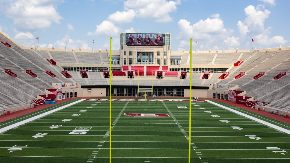 The field of Memorial Stadium is seen from the stands behind a goalpost. Former IU football punt returner Connor Delp was charged with rape, sexual battery and battery May 8, 2023.