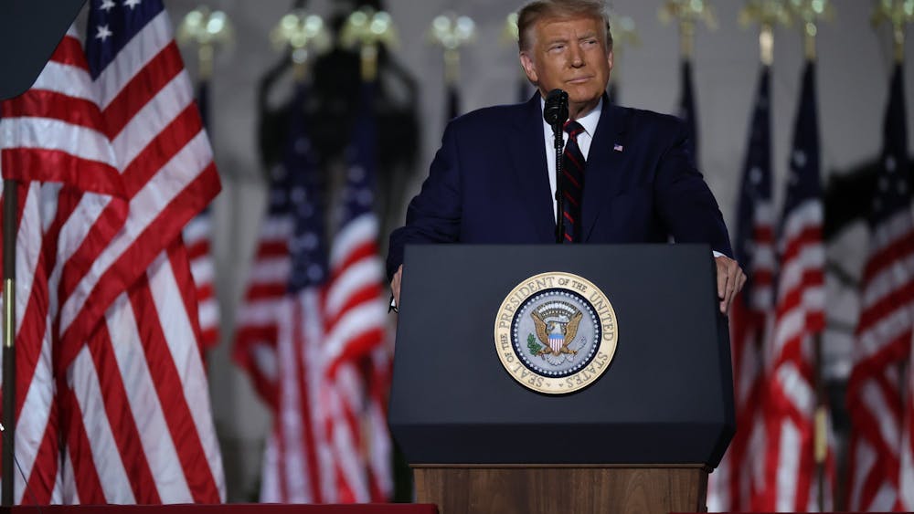 Then-president Donald Trump delivers his acceptance speech for the Republican presidential nomination﻿ Aug. 27, 2020, on the South Lawn of the White House in Washington, D.C. 