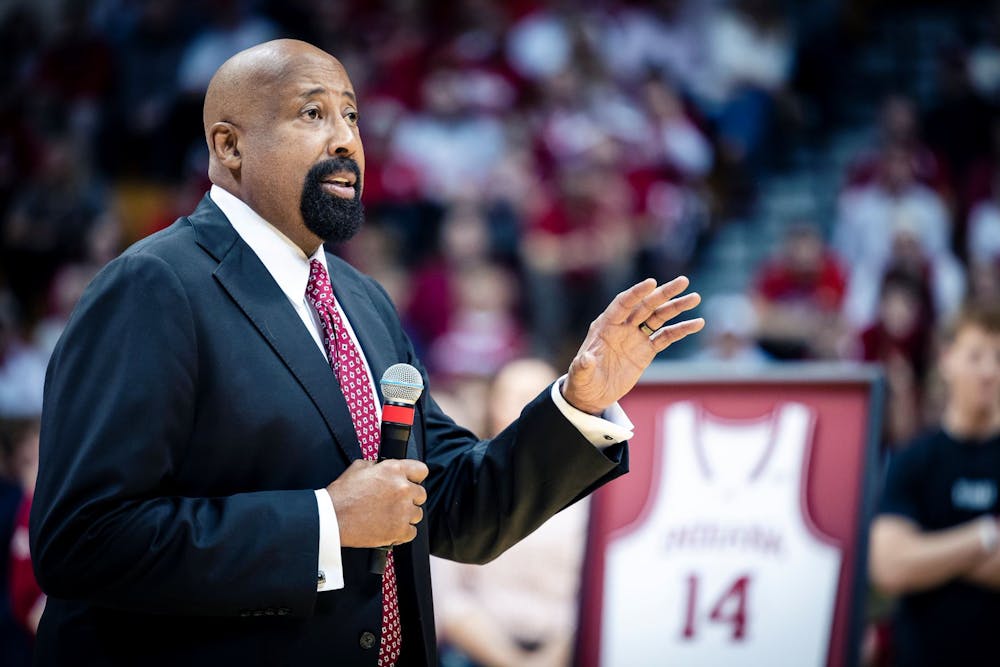 Indiana head coach Mike Woodson talks to the crowd on senior day March 5, 2023, at Simon Skjodt Assembly Hall in Bloomington, Indiana. Woodson will return to Madison Square Garden in November.