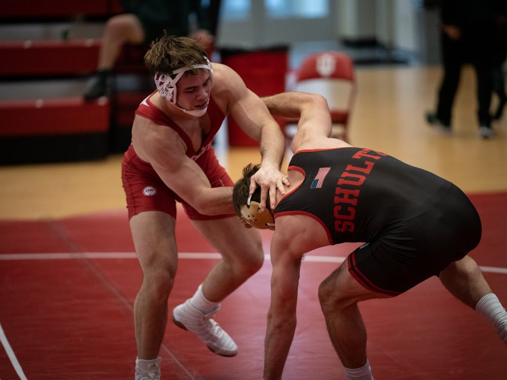 Then-sophomore Nick Willham fends off Nebraska&#x27;s Eric Schultz on Feb. 6, 2021at Wilkinson Hall. Willham was the only Indiana wrestler with an individual win against Illinois Feb. 6, 2022. 