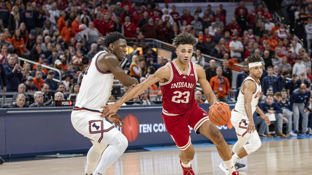 Junior forward Trayce Jackson-Davis dribbles towards the basket during the Big Ten Tournament quaterfinal on March 11, 2022, at Gainbridge Fieldhouse. Indiana advanced to its first Big Ten Tournament semifinal since 2013 with the win Friday.