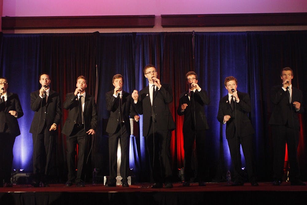 Another Round, from Indiana University, performs at the beginning of the IU Dance Marathon Fundraising gala on Oct. 11 at the Marriott Hotel in Indianapolis.