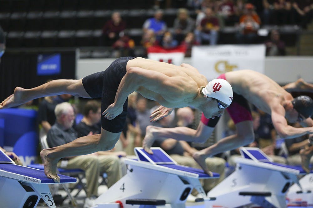 <p>Former Hoosier Blake Pieroni competes in the 200 yard freestyle during the 2017 NCAA Swimming and Diving Championships. Pieroni and two other Hoosiers are nominated for the 2018 Golden Goggles Awards.&nbsp;</p>