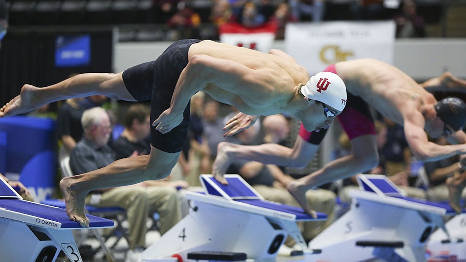 Former Hoosier Blake Pieroni competes in the 200 yard freestyle during the 2017 NCAA Swimming and Diving Championships. Pieroni and two other Hoosiers are nominated for the 2018 Golden Goggles Awards.&nbsp;