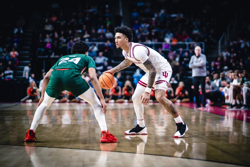 <p>Freshman guard Jalen Hood-Schifino looks to drive March 19, 2023, at MVP Arena in Albany, New York. Miami defeated Indiana 85-69.</p>