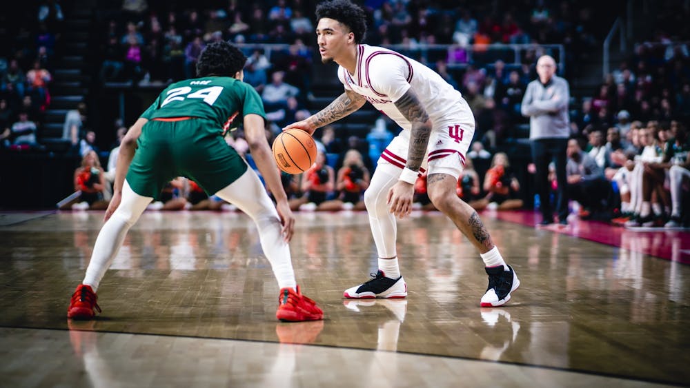 Freshman guard Jalen Hood-Schifino looks to drive March 19, 2023, at MVP Arena in Albany, New York. Miami defeated Indiana 85-69.