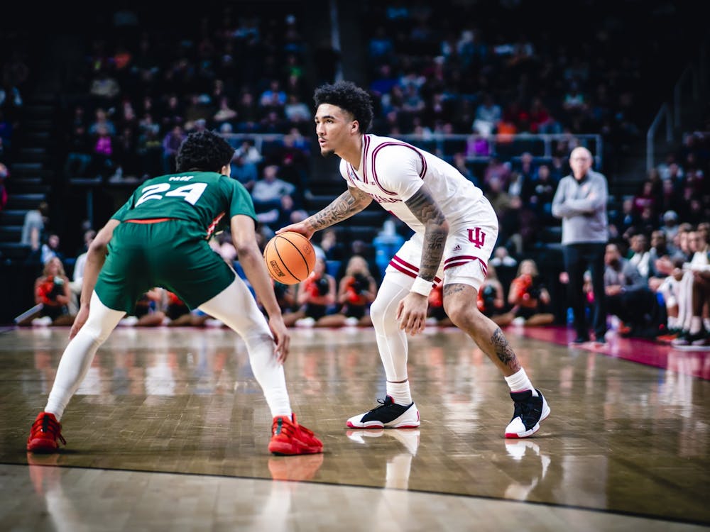 Freshman guard Jalen Hood-Schifino looks to drive March 19, 2023, at MVP Arena in Albany, New York. Miami defeated Indiana 85-69.