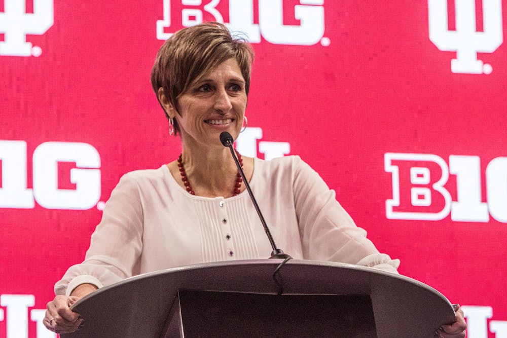 Indiana Women's Basketball Head Coach Teri Moren speaks Oct. 8, 2021, at the 2021 Big Ten Basketball Media Days at Gainbridge Fieldhouse in Indianapolis. Moren is entering her eighth season at Indiana. 