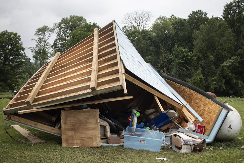 A flipped shed sits June 17 in the backyard of Mary Brosman’s home in Ellettsville, Indiana. The Luddy School of Informatics, Computing and Engineering and University Information Technology Services have collaborated to create the Crisis Technologies Innovation Lab, which was recently awarded $650,000 in federal grants to continue its research in disaster resilience.