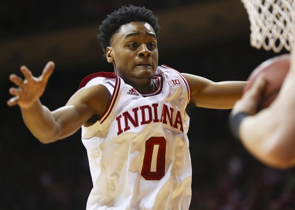 Then-freshman guard Curtis Jones, now a sophomore, guards the IU basket in a game last season. ESPN's Jeff Goodman said Monday Jones will head to Oklahoma State, a school he considered and visited when making his original college decision.&nbsp;