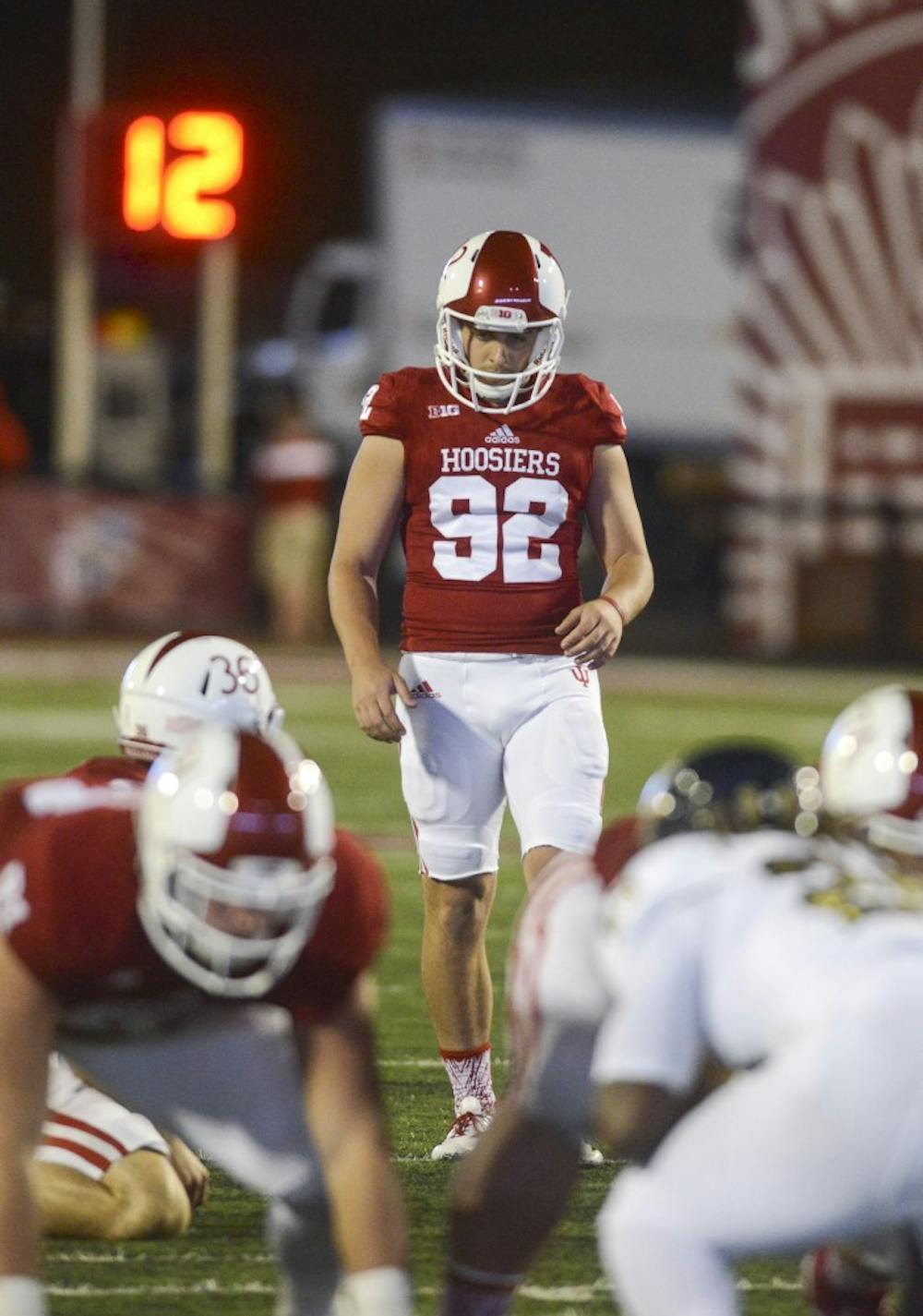 Red-shirt sophomore kicker Griffin Oakes prepares to kick a field goal during the game against Florida International on Sept.12 at Memorial Stadium. The Hoosiers won, 36-22.
