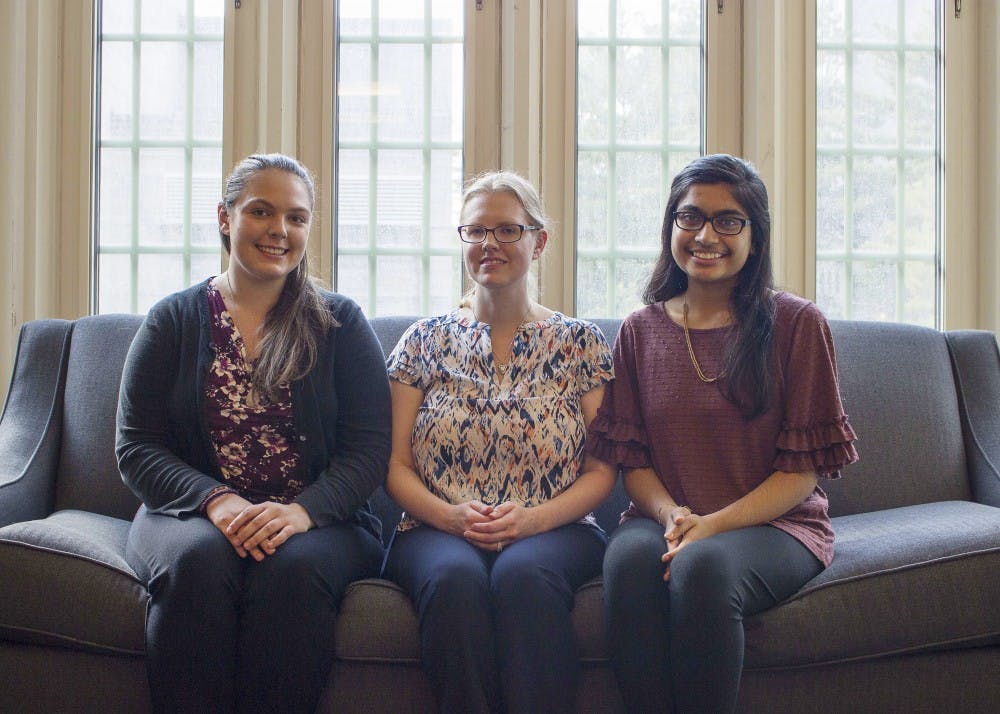 Sophomore Jessica Felker, Melissa Blunck, director of the Women in STEM LLC, and sophomore Neha Patel sit in the Women in STEM LLC on Sept. 27. The Women in STEM LLC started in 2012 as a thematic community before becoming an official LLC located in Wells Quad.&nbsp;